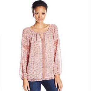 Max Studio long sleeve pink & white ditsy floral georgette blouse top size small